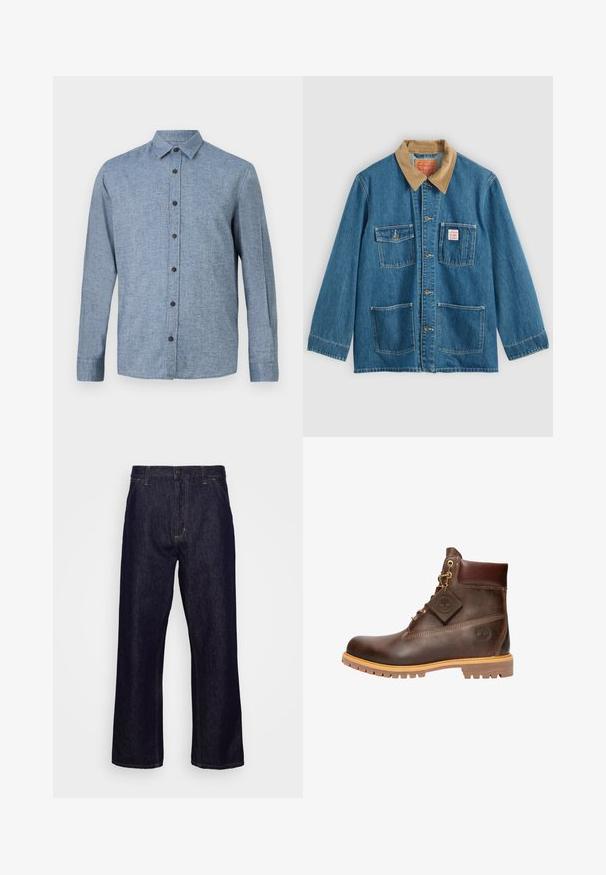Blå denimjakke med brunt fløjlsflip, fem forlommer, knaplukning og kontrastsyning. Klassisk arbejdsklær-design.; Langærmet button-up skjorte i lyseblåt stof med tekstureret væv, med krave og seks mørkeblå knapper ned ad fronten.; Mørkeblå lige ben denim jeans med forlommer, bæltestropper, lynlås og knaplukning, præsenteret foran en simpel hvid baggrund.; Brun læder ankelstøvle med rund tå, solid sål, hardware i guldtone og en tekstureret overdel. Inkluderer et logo-tagfæstet.