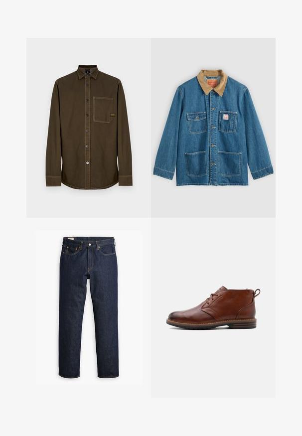 Veste en denim bleu avec col en velours côtelé marron, cinq poches avant, fermetures à boutons et coutures contrastées. Design classique de vêtement de travail.; Chemise boutonnée à manches longues de couleur marron foncé avec col, poche poitrine unique et coutures visibles sur fond blanc.; Jean en denim bleu foncé à coupe droite, avec un style à cinq poches, des coutures visibles et une fermeture à boutons classique.; Bottine en cuir marron avec laçage à l'avant, talon bas et languette à l'arrière, vue de profil côté extérieur sur un fond uni.