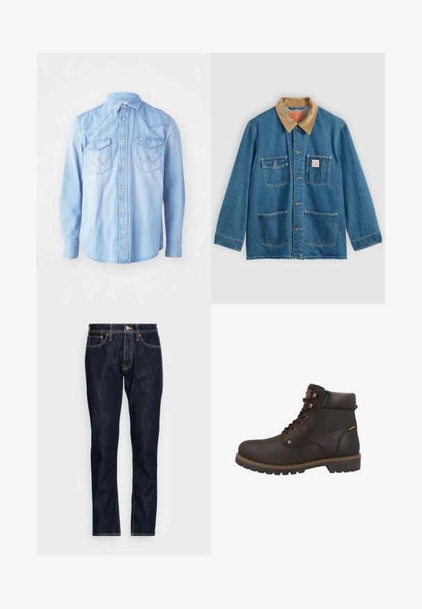 Blaue Jeansjacke mit braunem Cordkragen, fünf Fronttaschen, Knopfverschluss und kontrastierender Naht. Klassisches Arbeitsbekleidungdesign.; Hellblaues Denim-Hemd mit langen Ärmeln, spitzem Kragen, zwei Brusttaschen mit Zickzackstickmustern und Knopfverschluss.; Dunkelblaue Jeans aus Denim mit geradem Schnitt. Zu den Merkmalen gehören zwei vordere Taschen, ein Knopfverschluss und kontrastierende orangefarbene Nähte.; Brauner Leder-Stiefelette mit runder Kappe, Metallösen, Schnürverschluss, gepolstertem Kragen und strukturierter Gummisohle mit Profil.