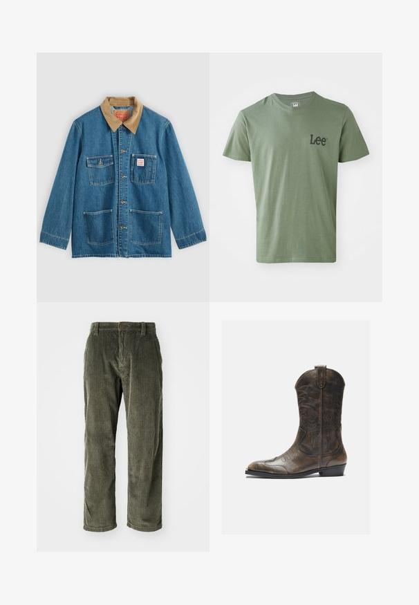Veste en denim bleu avec col en velours côtelé marron, cinq poches avant, fermetures à boutons et coutures contrastées. Design classique de vêtement de travail.; Lee T-shirt imprimé - olive stone; Pantalons en velours côtelé vert olive avec des côtes verticales, dotés d'une fermeture à bouton et d'une coupe droite. Texture douce avec une coupe classique.; Botte de cow-boy en cuir marron avec un long tige, un bout pointu, des motifs de couture complexes et un petit talon. Finition texturée tout au long.