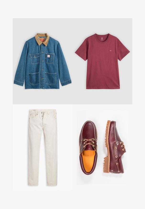 Veste en denim bleu avec col en velours côtelé marron, cinq poches avant, fermetures à boutons et coutures contrastées. Design classique de vêtement de travail.; T-shirt uni bordeaux à manches courtes et col rond avec une petite étiquette rouge du logo Levi's sur la poitrine gauche.; Jeans slim-fit taille haute couleur écru avec fermeture à boutons, cinq poches et rivets en cuivre, posés à plat sur un fond blanc.; Chaussures en cuir bourgogne avec semelles en caoutchouc marron, bout rond, couture blanche et œillets dorés. L'intérieur présente une doublure jaune.