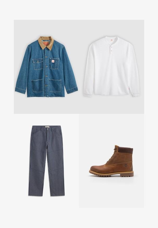 Veste en denim bleu avec col en velours côtelé marron, cinq poches avant, fermetures à boutons et coutures contrastées. Design classique de vêtement de travail.; Chemise henley en maille gaufrée blanche à manches longues avec deux boutons et poignets côtelés, posée à plat sur un fond clair.; Pantalon bleu marine à fines rayures verticales blanches, poches avant, passants de ceinture et fermeture par bouton à la taille.; Botte de randonnée en cuir marron avec une finition lisse, cheville rembourrée, œillets en métal et semelle en caoutchouc dotée d'un motif de crampons robuste.