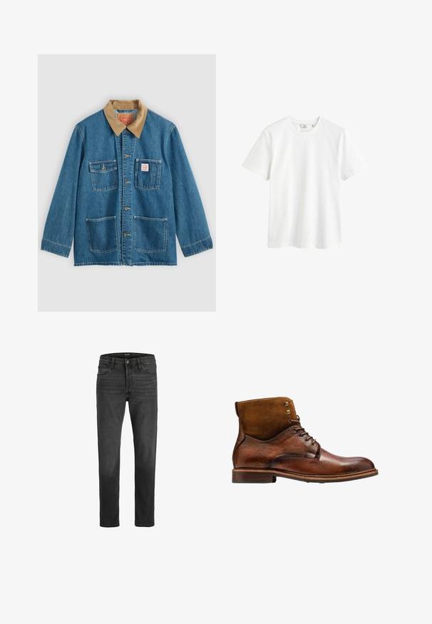 Veste en denim bleu avec col en velours côtelé marron, cinq poches avant, fermetures à boutons et coutures contrastées. Design classique de vêtement de travail.; T-shirt en coton blanc avec un col rond, des manches courtes et une coupe décontractée. Texture lisse sans motifs ni accents visibles.; Jean en denim noir avec une coupe droite, design à cinq poches et fermeture éclair. Présente un léger délavage et des coutures contrastées.; Kazar ALID - Bottines à lacets - brown
