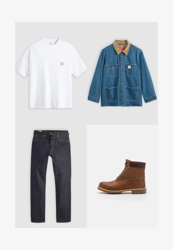 Blaue Jeansjacke mit braunem Cordkragen, fünf Fronttaschen, Knopfverschluss und kontrastierender Naht. Klassisches Arbeitsbekleidungdesign.; Weißes T-Shirt mit kurzen Ärmeln und Rundhalsausschnitt sowie einer kleinen Brusttasche vorne mit einem beige-roten rechteckigen Label.; Dunkelblaue Jeans aus Denim mit geradem Bein, versehen mit orangefarbener Naht und klassischem Five-Pocket-Design. Verschluss mit Knopf und Reißverschluss.; Braune Lederwanderschuhe mit glatter Oberfläche, gepolstertem Knöchel, Metallösen und einer Gummisohle mit robustem Profil.