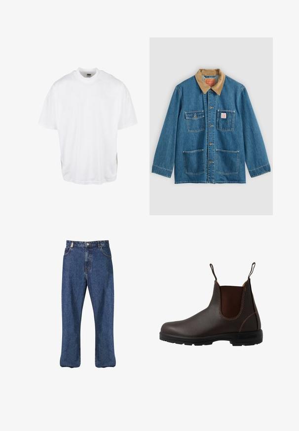 Veste en denim bleu avec col en velours côtelé marron, cinq poches avant, fermetures à boutons et coutures contrastées. Design classique de vêtement de travail.; T-shirt en coton blanc avec une coupe décontractée, des manches courtes et un col rond, présentant un ourlet droit et sans graphiques ni motifs visibles.; Jean en denim bleu foncé, présentant une coupe droite, un style classique à cinq poches et des coutures visibles le long des coutures.; Botte Chelsea en cuir marron avec panneau latéral élastique, coutures marron, languettes de tirage, et une semelle en caoutchouc durable avec un motif texturé.