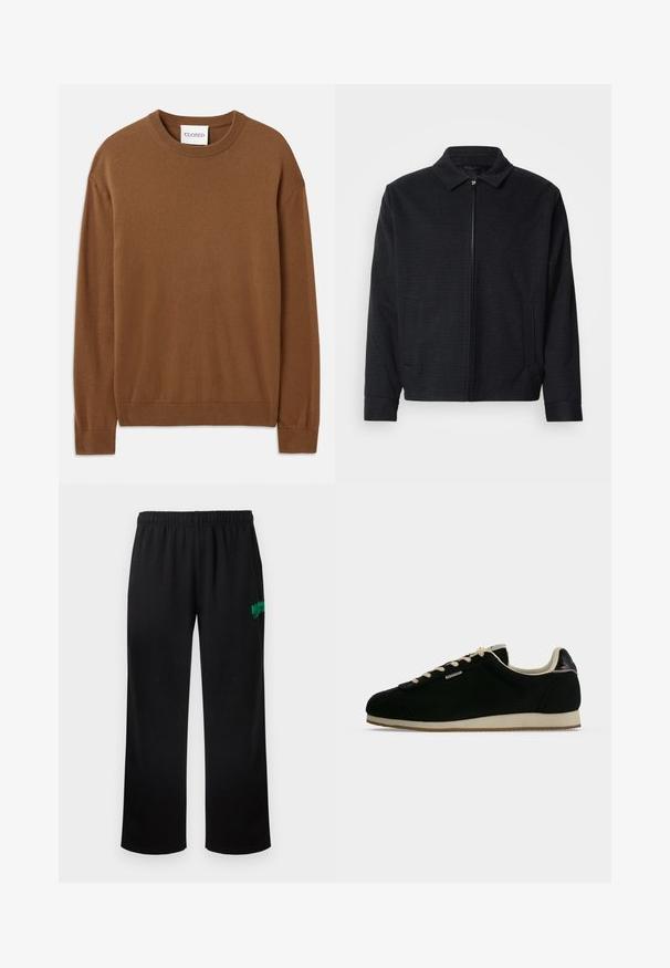 Zwarte jas met een gestructureerde weefsel, ritsvoorkant, puntige kraag en twee zijzakken. Bevat elastische manchetten en een rechte zoom.; CLOSED CREW NECK LONG SLEEVE - Trui - light mocha brown; Zwarte sweatpants met een elastische tailleband en een losse pasvorm. Voorzien van groene logotekst op het linkerbeen. Soepele stof met een matte textuur.; Zwarte lage sneaker met beige veters, beige zool en gevoerde kraag met een klein metalen merklabel aan de zijkant.