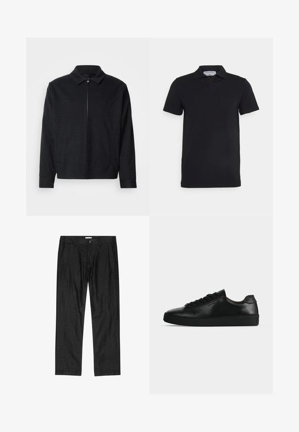 Chaqueta negra con un tejido texturizado, cierre frontal con cremallera, cuello puntiagudo y dos bolsillos laterales. Presenta puños elásticos y un dobladillo recto.; Camisa polo negra de manga corta con un cuello clásico, fabricada en un tejido suave. Presenta una etiqueta con el nombre de la marca 'Filippa K' en el escote.; Pantalones negros de corte recto para hombre con botón frontal, bragueta con cremallera y bolsillos laterales, mostrados planos sobre fondo blanco.; Zapatilla de cuero negra de perfil bajo con cordones negros y una suela negra gruesa, mostrada de lado sobre un fondo gris claro.