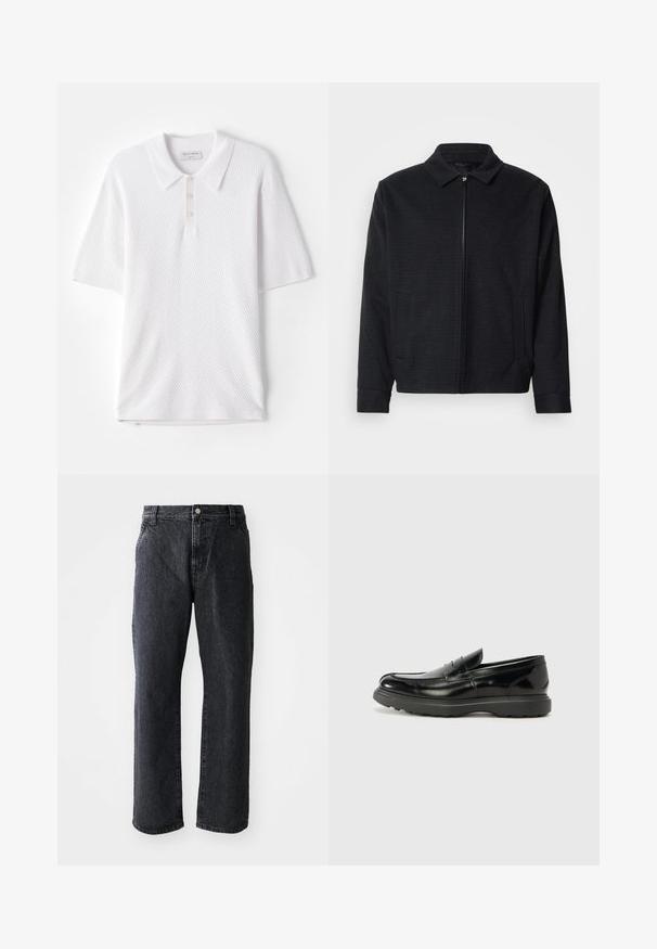 Schwarze Jacke mit strukturiertem Gewebe, Reißverschluss vorne, spitzem Kragen und zwei Seitentaschen. Mit elastischen Bündchen und geradem Saum.; Weißes Poloshirt aus strukturiertem Rippstoff, mit einem Kragen und drei kleinen Knöpfen auf der Vorderseite. Kurze Ärmel und gerader Saum.; Schwarze Denim-Jeans mit geradem Schnitt, ausgestattet mit einem Knopfverschluss, fünf Taschen und subtiler Textur. Klassisches Design ohne auffällige Muster.; Schwarze Lederloafer mit glanzendem Finish, abgerundetem Zehenbereich, subtilen Steppnähten und einer dicken Gummisohle für Langlebigkeit.