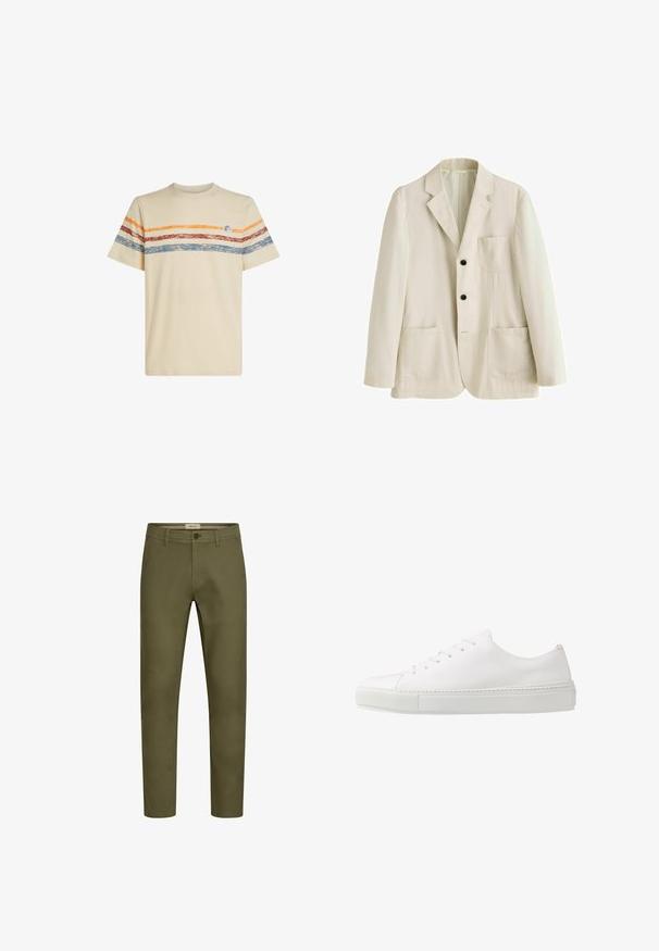 Beige, eenrijks colbert met inkeping revers, twee zwarte knopen, drie opgestikte zakken en lange mouwen, getoond op een witte achtergrond.; Crème katoenen t-shirt met horizontale strepen in oranje, rood en blauw. Korte mouwen, ronde halslijn en een klein logo detail op de borst.; Olijfgroene katoenen broeken met een getailleerd ontwerp, rechte pijpen, subtiele stiksel en een knoopsluiting aan de voorkant. Geen zichtbare zakken.; Witte leren sneaker met een gladde afwerking, ronde neus en zes oogjes voor veters. Voorzien van een getextureerde rubberen zool en een minimalistisch ontwerp.