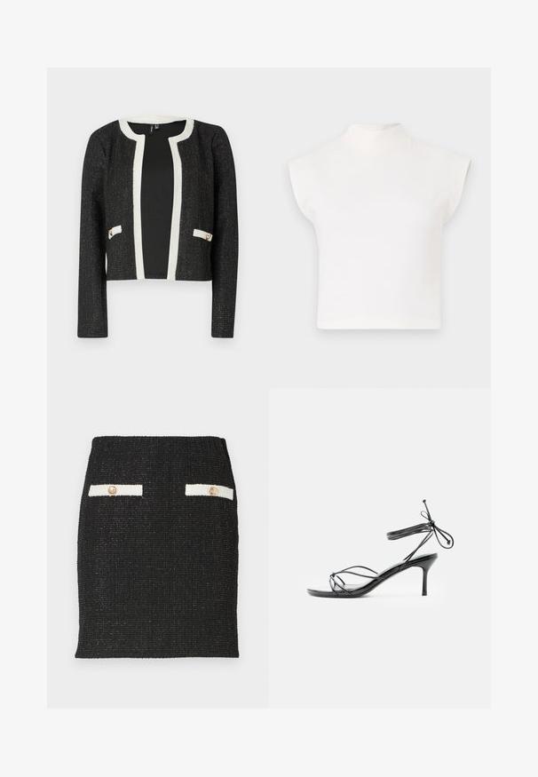 Chaqueta corta negra con ribete blanco y bolsillos, con un tejido texturizado que incluye hilos metálicos y dos acentos en tono dorado en los bolsillos.; Top corto blanco con un alto cuello tipo mock y mangas anchas y angulares. Está hecho de una tela suave, sin patrones ni adornos visibles.; Falda de tweed negro con tejido texturizado y un diseño ajustado. Presenta dos acentos de bolsillo blancos con botones en tono dorado.; Sandalia negra de tacón alto con tiras y lazos delgados en el tobillo, con tacón stiletto de altura media sobre un fondo blanco.