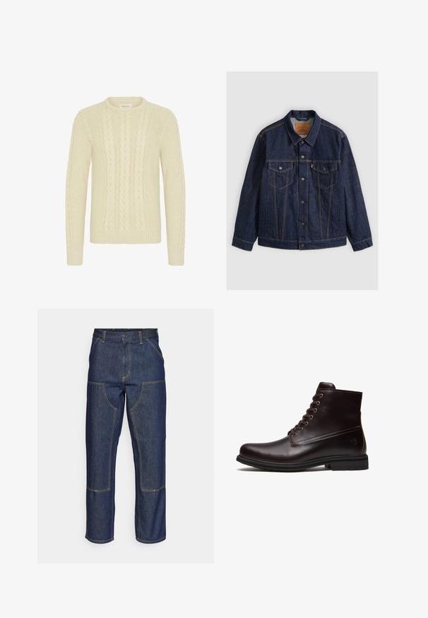 Mørkeblå denimjakke med knapper foran, to knap-lommer på brystet, sidelommer og kontrastierende orange syninger, lagt fladt på en grå baggrund.; Blend BHBASIM - Striktrøje - oyster gray; Mørkeblå denim jeans med høj talje, lige ben-design, kontrastsyninger og lappelommer foran.; Mørkebrun læder snørestøvle med gummisål og subtilt præget logo nær hælen, vist fra ydersiden.