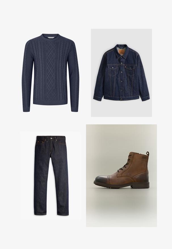 Donkerblauwe spijkerjas met knopen aan de voorkant, twee borstzakken met knopen, steekzakken en contrasterende oranje stiksels, plat neergelegd op een grijze achtergrond.; Navyblauwe gebreide trui met getextureerde kabelpatronen, ronde halslijn en geribbelde manchetten en onderkant. Gemaakt van zacht, duurzaam materiaal.; Donkerblauwe spijkerbroek met een rechte pasvorm, vijf zakken, koperen klinknagels, gele stiksels en een duidelijke textuur in de stof.; Bruine leren enkellaars met veters, zwarte neuskap, ronde zool en merkdetail aan de zijkant tegen een effen achtergrond.