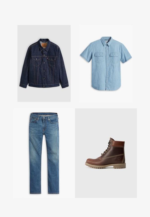 Dunkelblaue Jeansjacke mit Knopfleiste vorne, zwei knöpfbaren Brusttaschen, seitlichen Taschen und kontrastierenden orangen Nähten, flach auf einem grauen Hintergrund liegend.; Himmelblaues kurzärmliges Hemd mit Knopfleiste aus Denim, ausgestattet mit zwei Brusttaschen mit vertikaler Naht und klassischem Kragen.; Blaue gerade geschnittene Jeans mit Knopf- und Reißverschluss vorne, Fünf-Taschen-Design und dezenten Ausbleichungen an Oberschenkeln und Knien.; Braune Leder-Schnürstiefelette mit gepolsterter Knöchelpartie, kontrastierenden Nähten und robustem Sohlendesign, von der Außenseite auf einem weißen Hintergrund gezeigt.