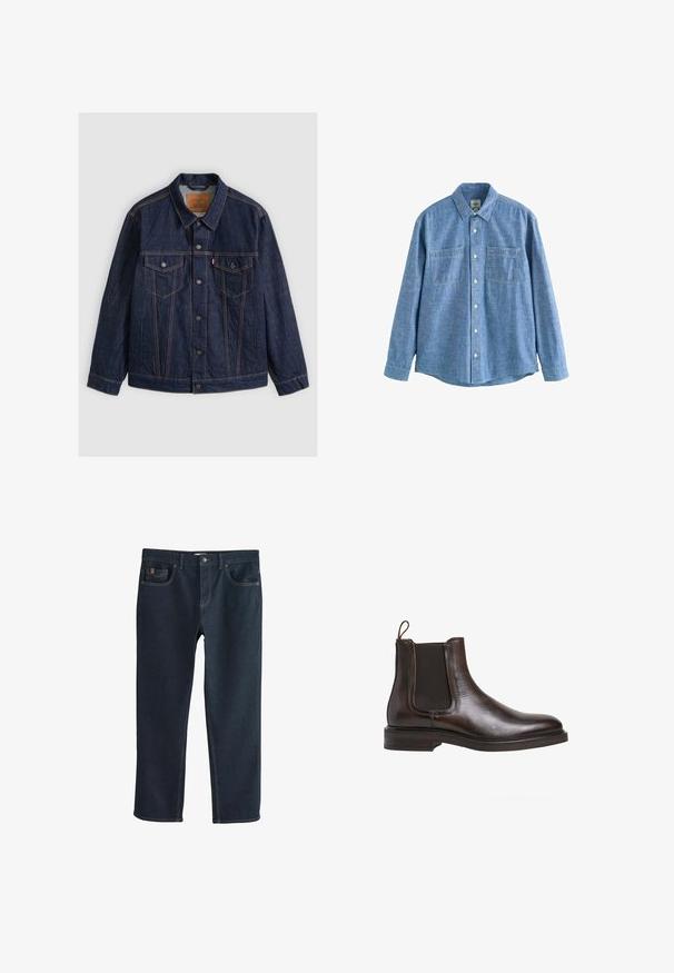 Mørkeblå denimjakke med knapper foran, to knap-lommer på brystet, sidelommer og kontrastierende orange syninger, lagt fladt på en grå baggrund.; Langærmet blå chambray-skjorte med knaplukning foran og to brystlommer, lagt fladt på en hvid baggrund.; Mørkeblå denimjeans med lige ben, der har forlommer og diskrete syningsdetaljer. Glat tekstur, klassisk stil.; Brune læder Chelsea støvle med elastiske sidepaneler, løkke til at trække op med, og en lav stablet hæl. Glat tekstur og slank silhuet.