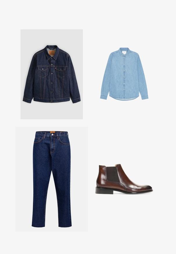 Mørkeblå denimjakke med knapper foran, to knap-lommer på brystet, sidelommer og kontrastierende orange syninger, lagt fladt på en grå baggrund.; Lyseblå denimskjorte med knapper, lange ærmer, spidst krave og afrundet kant. Har knaplukning foran og lille logodetalje.; Mørkeblå denimjeans med lige snit, høj talje, fem lommer og frynset kant. Kontrastsyning og detalje med knaplukning.; Brun læder ankelstøvle med elastiske sidepaneler, en glat overflade, stikninger og en lav rektangulær hæl.
