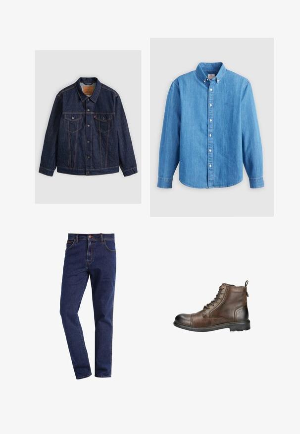 Dunkelblaue Jeansjacke mit Knopfleiste vorne, zwei knöpfbaren Brusttaschen, seitlichen Taschen und kontrastierenden orangen Nähten, flach auf einem grauen Hintergrund liegend.; Hellblaues Jeanshemd mit langen Ärmeln, button-down Kragen und weißen Knöpfen. Verfügt über ein kleines besticktes Logo auf der Brust.; Dunkelblaue gerade geschnittene Denim-Jeans mit Vordertaschen, Knopfverschluss, Gürtelschlaufen und sichtbaren Nähten.; Braune Leder-Ankle Boots mit einer abgerundeten Spitze, Schnürung vorne und einer Schlaufe zum Anziehen hinten. Mit einer robusten Sohle mit Profil für besseren Halt.