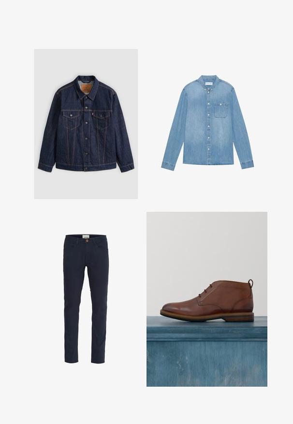 Dunkelblaue Jeansjacke mit Knopfleiste vorne, zwei knöpfbaren Brusttaschen, seitlichen Taschen und kontrastierenden orangen Nähten, flach auf einem grauen Hintergrund liegend.; Hellblaues Denim-Hemd mit Knopfleiste, langen Ärmeln, spitzem Kragen, einer Brusttasche und dezentem Verblassen des Stoffes.; Marineblaue Hosen aus einem Baumwollmischgewebe. Slim-Fit-Design mit fünf Taschen, einem Knopfverschluss und einer glatten Textur.; Braunes, poliertes Leder-Ankle-Boot mit Schnürung, schwebend über einem leicht rissigen Betonboden mit verwischten Pflanzen und einem Fenster im Hintergrund.