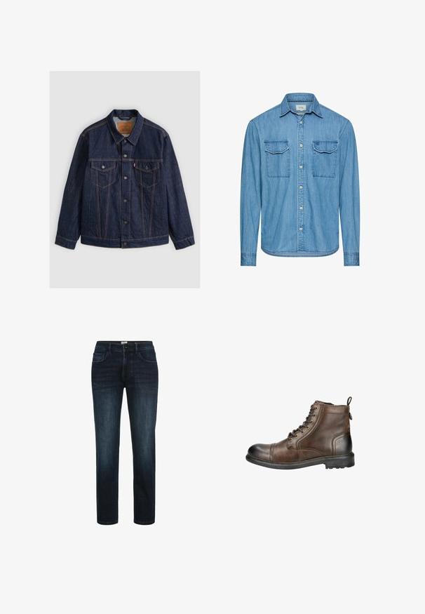 Donkerblauwe spijkerjas met knopen aan de voorkant, twee borstzakken met knopen, steekzakken en contrasterende oranje stiksels, plat neergelegd op een grijze achtergrond.; Lichtblauw denim overhemd met lange mouwen, knoopsluiting aan de voorkant, twee borstzakken met klep en een puntkraag.; Donker gewassen denim jeans met een rechte pijp, voorzien van vijf zakken, een knopenritsing en subtiele vervaging langs de dijen.; Bruine leren enkelboot met een ronde neus, vetersluiting aan de voorkant en een lip aan de achterkant. Voorzien van een robuuste zool met profiel voor grip.