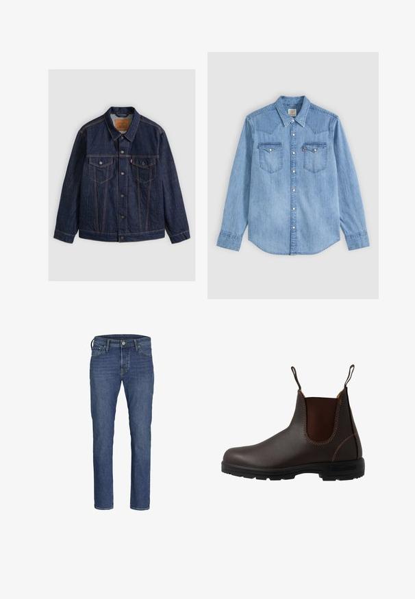 Donkerblauwe spijkerjas met knopen aan de voorkant, twee borstzakken met knopen, steekzakken en contrasterende oranje stiksels, plat neergelegd op een grijze achtergrond.; Lichtblauw denim overhemd met lange mouwen, puntkraag, twee borstzakken met kleppen en witte drukknoopjes aan de voorkant.; Blauwe denim jeans voor heren met een recht model, vijf-pocketstijl en een klassieke knoop- en ritssluiting.; Bruine leren Chelsea-laars met elastisch zijpaneel, bruine stiksels, trekriempjes en een duurzame rubberen zool met een gestructureerd patroon.