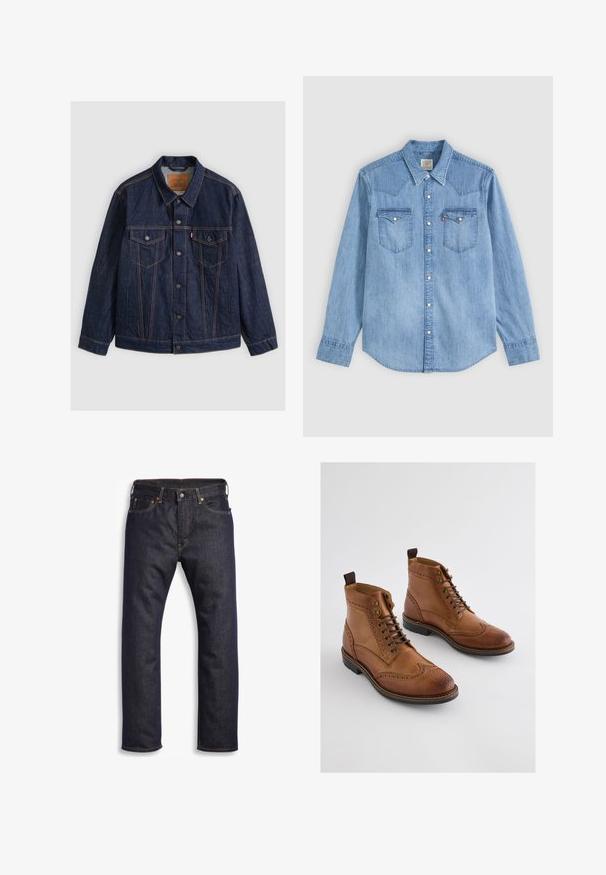 Dunkelblaue Jeansjacke mit Knopfleiste vorne, zwei knöpfbaren Brusttaschen, seitlichen Taschen und kontrastierenden orangen Nähten, flach auf einem grauen Hintergrund liegend.; Hellblaues Jeanshemd mit langen Ärmeln, spitzem Kragen, zwei Brusttaschen mit Klappen und weißen Druckknöpfen vorne.; Dunkelblaue Jeans aus Denim mit geradem Schnitt, Fünf-Taschen-Design, metallischen Komponenten und kontrastierenden orangen Nähten. Glatte Textur, keine sichtbaren Muster.; Braune Leder-Ankle-Boots mit Brogue-Details, ausgestattet mit Schnürverschluss, Metallösen und einer kontrastierenden schwarzen Gummisohle.