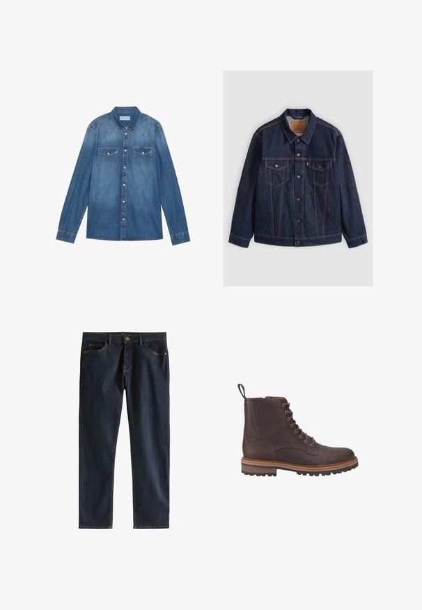 Mørkeblå denimjakke med knapper foran, to knap-lommer på brystet, sidelommer og kontrastierende orange syninger, lagt fladt på en grå baggrund.; Mørkeblå denimskjorte med lange ærmer, klassisk krave, knaplukning fortil, to brystlommer og kontrasterende stiklinger på sømmene.; Mørkeblå jeans med lige ben, orange syninger, fem lommer, metal knap og lynlåslukning.; Brune læder støvler med snørebånd ved anklen, med en tekstureret overflade, kontrasterende beige såler og metaløjer. Har en trækflig for nem påtagning.
