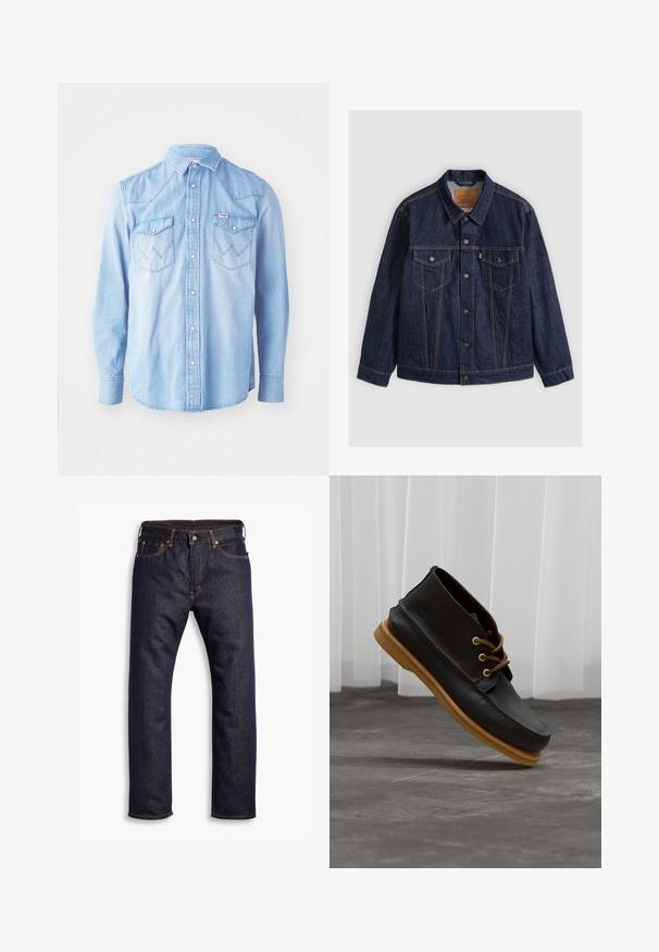 Dunkelblaue Jeansjacke mit Knopfleiste vorne, zwei knöpfbaren Brusttaschen, seitlichen Taschen und kontrastierenden orangen Nähten, flach auf einem grauen Hintergrund liegend.; Hellblaues Denim-Hemd mit langen Ärmeln, spitzem Kragen, zwei Brusttaschen mit Zickzackstickmustern und Knopfverschluss.; Dunkelblaue gerade geschnittene Jeans aus Denim mit fünf Taschen und orangefarbenen Kontrastnähten, flach auf einem weißen Hintergrund ausgelegt.; Schwarze Lederschuhe mit glatter Oberfläche, runder Zehenform, braunen Schnürsenkeln und hellbraunen Gummisohlen. Logo an der Seite geprägt.