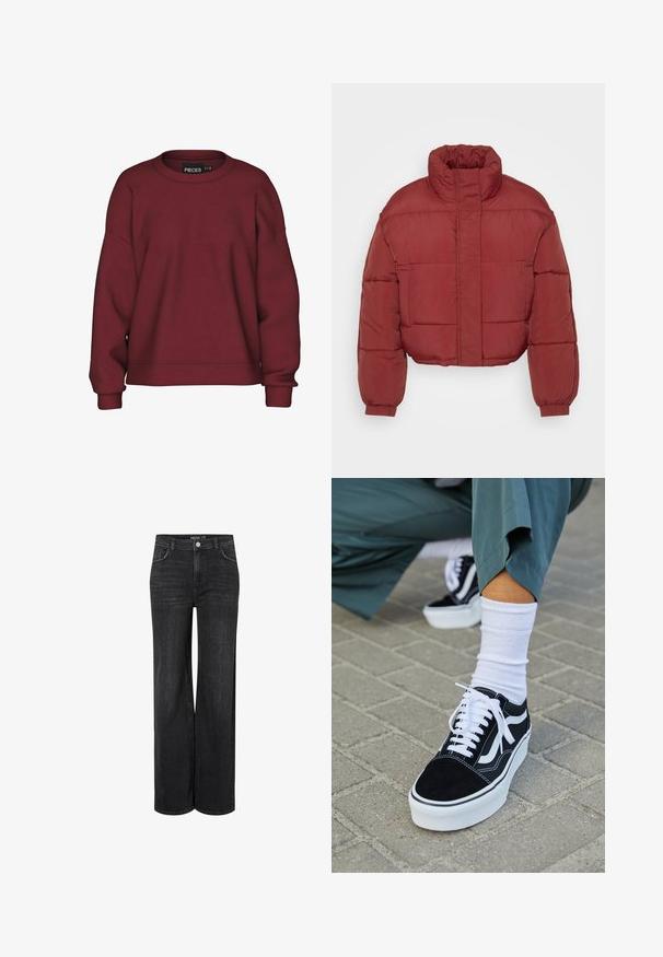 Rød, kort pufferjakke med høj krave, elastiske manchetter og et glat, tekstureret stof. Har kasseformet quiltning og lukning foran.; Bordeaux sweatshirt med rund hals, afslappet pasform, lange ærmer, ribbede manchetter og en blød bomuldsblanding. Simpelt design, ingen mønstre.; Bredde ben sorte denimjeans med et klassisk fem-lomme design, frontknaplukning og subtile syninger.; Sorte ruskinds sneakers med hvide accenter og snørebånd, der har en tyk hvid sål og kontrasterende syninger, parret med en hvid sok.