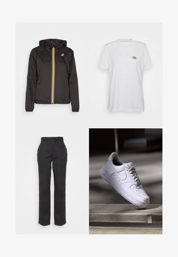 Čierna ľahká bunda s kapucňou, má stredný zips s červenými, žltými a bielymi pruhmi a logom na ľavom prsníku.; Biele bavlnené tričko s okrúhlym výstrihom a krátkymi rukávmi, s malým, farebným vyšitým logom "Diesel" na hrudi.; Čierne nohavice s hladkou textúrou, rovnými nohavicami a opaskom v páse. Majú jednoduchý, klasický siluetu bez ďalších vzorov.; Biele tenisky Nike Air Force 1 vznášajúce sa nad betónovým povrchom so tieňmi v minimalistickom prostredí.
