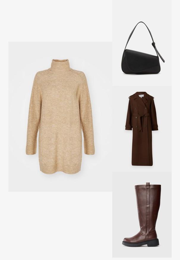 Ruskea kaksirivinen pitkä takki, joka on valmistettu teksturoidusta kankaasta. Ominaisuuksiin kuuluvat hartiapäällysteet, sidottava vyö ja nappikäsivarret.; Beige turtleneck neule, ylisuuri istuvuus, ribbikuviointi kauluksessa ja hihoissa, neulottu kangas ja pudotettu olkapäätyyli.; Ruske kožne čizme do kolena sa blago zaobljenim vrhom, teksturiranom površinom i debelim crnim gumeni đonom. Imaju petlju na vrhu.; Mustapohjainen nahkalaukku, jossa on kolmionmuotoinen muoto, kulmatasku ja pyöreä yläkädensija. Siinä on sileä pinta ja minimalistinen muotoilutyyli.
