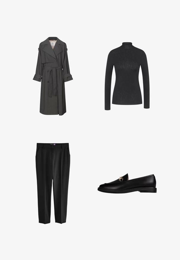 Grå trenchcoat med dobbelbrystet front, bælte i taljen, brede kraver og manchetter. Har en glat tekstur og skræddersyet design.; Sort langærmet turtleneck trøje lavet af blødt stof, med en slank pasform og minimalistisk design uden synlige mønstre eller accenter.; Sorte bukser lavet af glat stof, med et skræddersyet design, to sidelommer og lige snit. Ingen synlige lukninger eller mønstre.; Sorte læder loafers med en glat overflade, med en guldfarvet hardware detalje på vampen og en lav, flad sål.