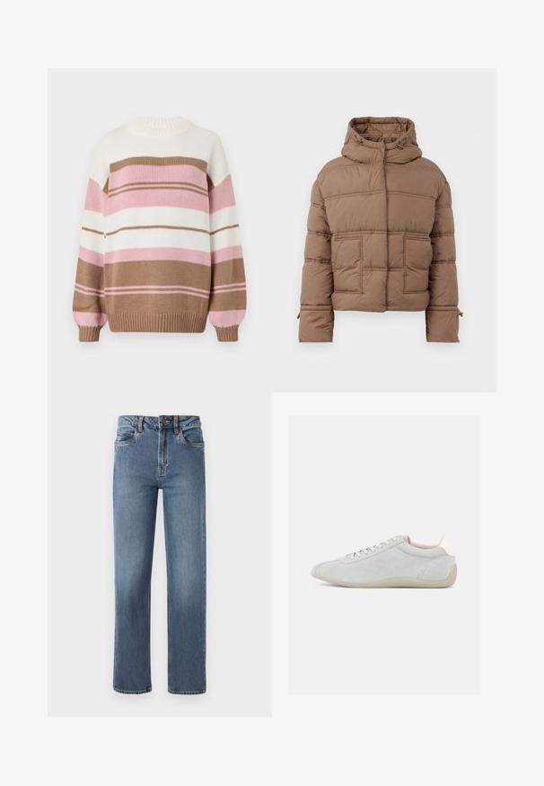 Brun pufferjakke med hætte, der har et quiltet design, to forlommer og justerbare snore i kraven og ved manchetterne.; Strikket pullover med rund hals, der har vandrette striber i beige, hvid, pink og lys pink. Inkluderer ribkant ved ærmer og kant.; Blå lige ben jeans med forlommer, bæltestropper og en knaplukning, præsenteret på en ensfarvet hvid baggrund.; Lysegrå ruskindssneaker med lavprofil-design, snørelukning og blød beige gummisål. Diskrete syningsdetaljer tilfører tekstur.