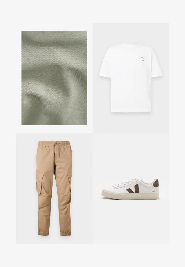 Lichtgroene stof met fijne diagonale ribbelstructuur en zachte plooien die subtiele schaduwen creëren.; Witte katoenen t-shirt met een relaxed fit, korte mouwen en een V-hals. Bevat twee kleine zwarte bedrukte logo's aan de linkerkant.; Beige cargobroek met elastische tailleband, koordje, zijflapzakken en elastische boorden, getoond op een lichte achtergrond.; Witte leren sneakers met een lichtbeige rubberen zool. Voorzien van een bruine suède V-logo en hieltab. Gespsluiting met een gestructureerd oppervlak.