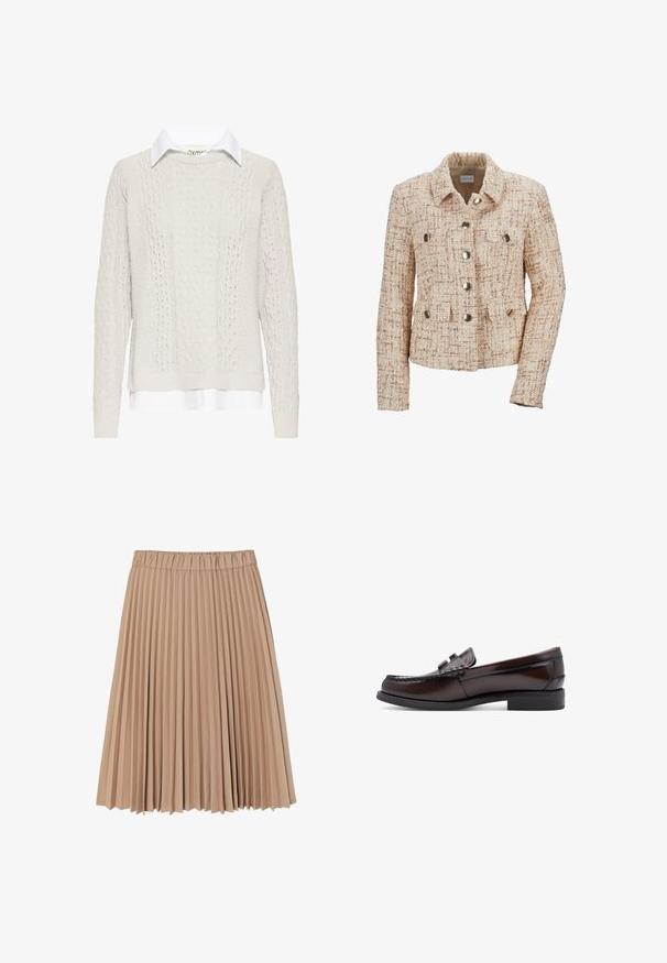 Veste beige en tweed à double boutonnage avec des boutons métalliques, deux poches avant, un col structuré et un tissu texturé.; Pull crème en maille torsadée avec une chemise à col blanc en dessous. Comprend des manches longues, des poignets et un ourlet côtelés. Motif tricoté texturé.; Jupe plissée en tissu beige doux ; elle dispose d'une taille élastique et d'un design fluide avec des plis étroits et réguliers partout.; Mocassin penny en cuir marron foncé avec un petit talon empilé et une couture moc toe, vu de profil sur fond blanc.