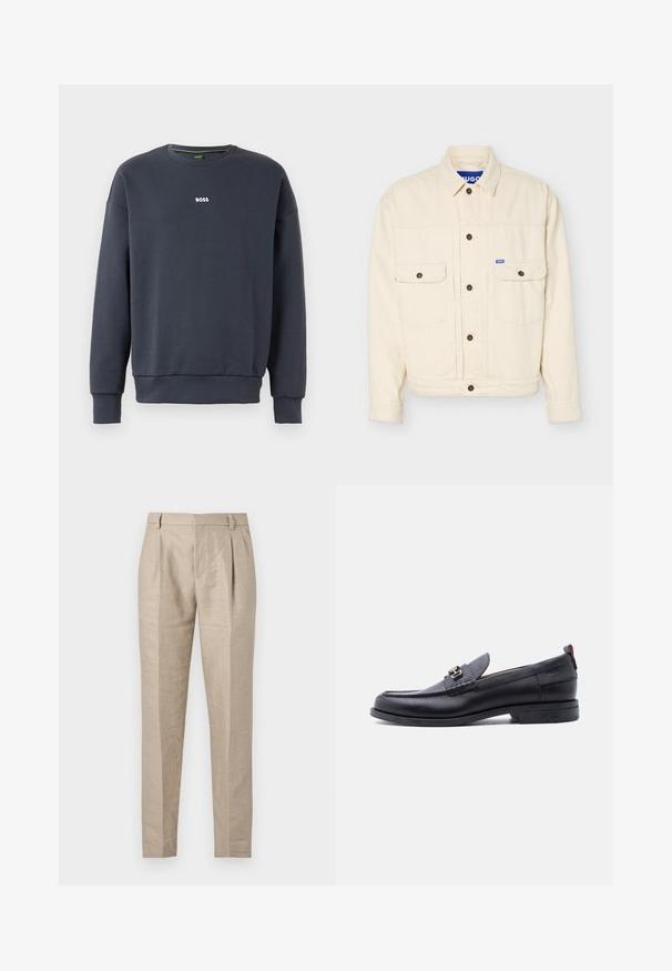 Beige langærmet jakke med knaplukning foran, to brystlommer med klap, krave og en lille blå logotag på højre lomme.; Marineblå sweatshirt lavet af blødt materiale, med rund halsudskæring, lange ærmer og et lille hvidt "BOSS" logo på brystet.; Beige skræddersyede bukser med frontplisser, bæltestropper og slanke, indsnævrede ben på hvid baggrund.; Sort lædermokasin med grå tekstureret forfod, sølvfarvet metalspænde, lav hæl og trækflap bagpå.