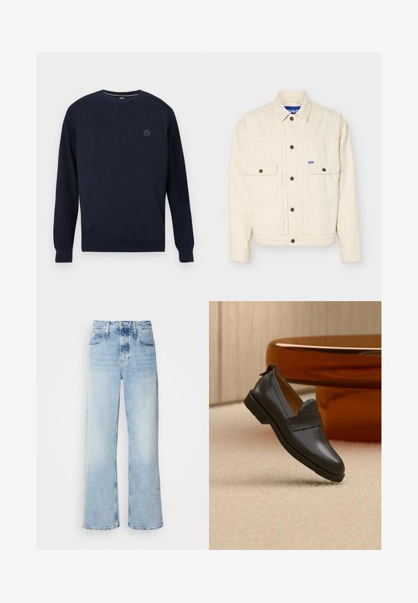 Beige Jacke mit langen Ärmeln, Knopfleiste, zwei Brustklappentaschen, einem Kragen und einem kleinen blauen Logoschild an der rechten Tasche.; Marineblaues Rundhals-Pullover aus Strickstoff mit gerippten Ärmelbündchen und Saum. Ein rundes Logo befindet sich auf der Brust.; Helle blaue weite Jeans mit hoher Taille, in verwaschenem Finish, mit Gürtelschlaufen und klassischem Fünf-Taschen-Design. Der Saum ist ungesäumt.; Schwarzer Lederloafer mit niedrigem Absatz, der über einem beigen Teppich schwebt, neben einem glänzenden bernsteinfarbenen Tisch in einem minimalistischen Raum.