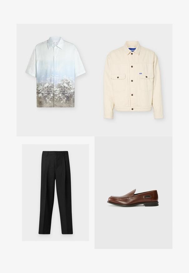 Veste beige à manches longues avec devant boutonné, deux poches poitrine à rabat, un col et une petite étiquette logo bleue sur la poche droite.; Chemise à manches courtes boutonnée avec un dégradé bleu ciel vers un motif floral et de champ d’herbes en bas.; Pantalon noir droit avec bouton sur le devant et passants pour ceinture, présenté sur un fond clair uni.; Stuart Weitzman BURT - Chaussons - auburn