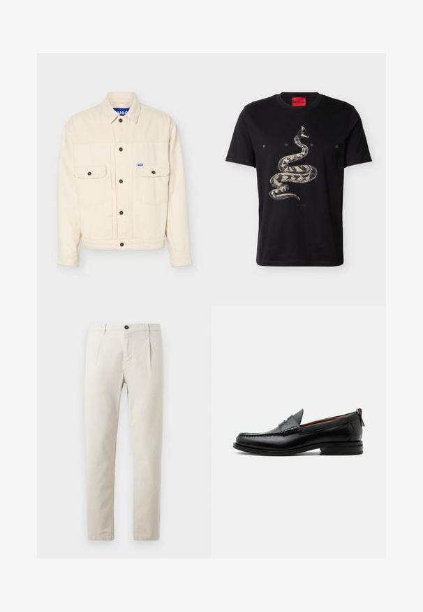 Beige lange mouwen jas met knoopsluiting aan de voorkant, twee borstflapzakken, een kraag en een klein blauw logolabel op de rechterzak.; Zwart T-shirt met korte mouwen, bedrukt met een afbeelding van een opgerolde slang en de tekst "HUGO" verspreid over de borst, net onder het halslabel.; Beige katoenen broek met een recht-pijpen ontwerp, uitgerust met een enkele zwarte knoopsluiting en twee voorzakken. Glad van structuur.; Zwarte leren herensloffen met moc toe stiksel, pennyriem, gestructureerde kraag en lage gestapelde hak op witte achtergrond.