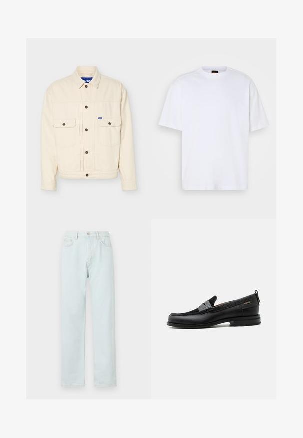 Veste beige à manches longues avec devant boutonné, deux poches poitrine à rabat, un col et une petite étiquette logo bleue sur la poche droite.; T-shirt en coton blanc avec un col rond, des manches courtes et une coupe décontractée. Les coutures épaules texturées ajoutent un détail supplémentaire.; Jean droit bleu clair en denim, avec fermeture à bouton, décoloration subtile et design à cinq poches.; Mocassin en cuir noir avec détail de bride grise, talon bas et semelle texturée, marqué "HUGO" en or sur le côté.