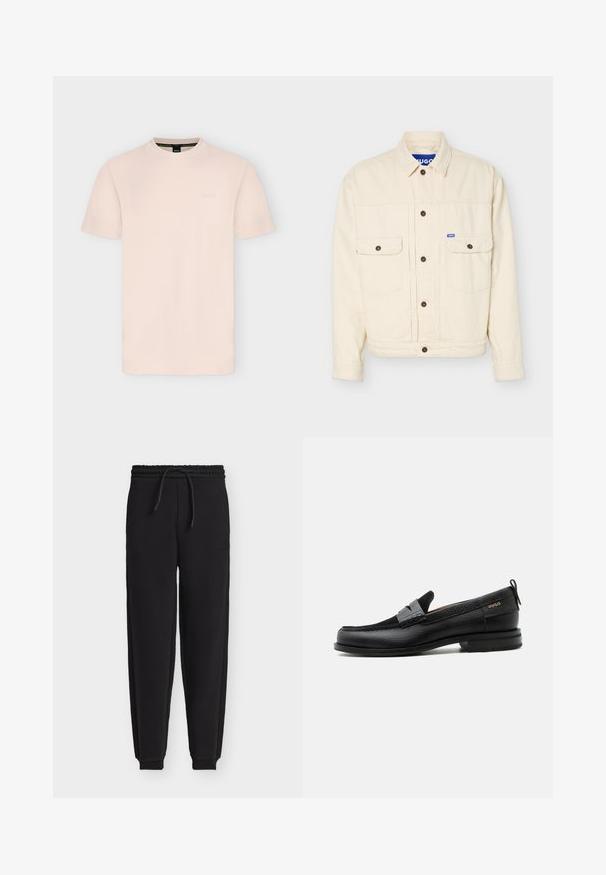 Veste beige à manches longues avec devant boutonné, deux poches poitrine à rabat, un col et une petite étiquette logo bleue sur la poche droite.; T-shirt beige clair à manches courtes et col rond avec un logo embossé subtil sur la poitrine et une étiquette noire à l'intérieur du col.; Pantalon de jogging noir avec taille élastique, cordon de serrage, jambes fuselées, chevilles à bords-côtes et petite pièce sur la cuisse droite.; Mocassin en cuir noir avec détail de bride grise, talon bas et semelle texturée, marqué "HUGO" en or sur le côté.