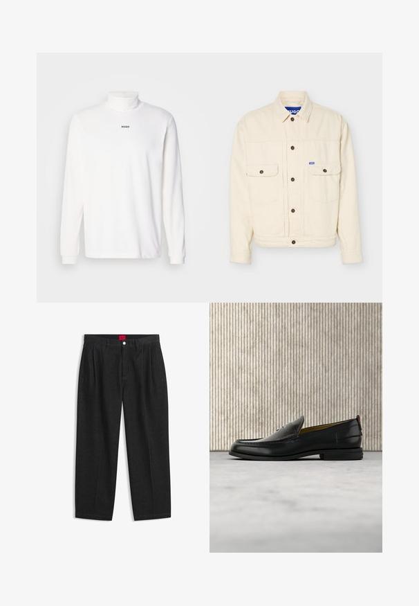 Chaqueta beige de manga larga con cierre de botones, dos bolsillos con solapa en el pecho, un cuello y una pequeña etiqueta con logo azul en el bolsillo derecho.; Camisa de cuello alto de manga larga blanca, hecha de una tela suave, con un sutil logo negro "HUGO" en la parte delantera y puños ajustados.; Pantalones negros de talle alto con pliegues delanteros, trabillas para cinturón, cierre con botón y cremallera, y una etiqueta roja en el interior de la cintura.; Mocasín de cuero negro para hombre con empeine grabado en relieve de cocodrilo y tacón bajo, mostrado de perfil sobre un fondo neutro.
