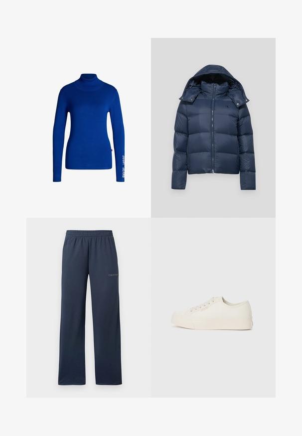 Veste matelassée bleu marine avec fermeture éclair, capuche amovible et design matelassé. Présente un logo sur la poitrine gauche et des accents à boutons-pression.; Pull col roulé bleu en tissu doux et extensible. Il a des manches longues et le texte "JOOP! JEANS" imprimé en blanc sur la manche droite.; Pantalon de jogging large bleu marine avec taille élastique et petit logo Calvin Klein sur la partie supérieure de la cuisse gauche.; Baskets en toile écrue, avec un design basse, bout rond et semelle en caoutchouc plate avec des détails de couture subtils.