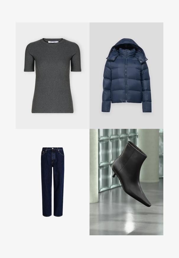 Veste matelassée bleu marine avec fermeture éclair, capuche amovible et design matelassé. Présente un logo sur la poitrine gauche et des accents à boutons-pression.; T-shirt tricoté gris foncé à manches courtes, col rond, coupe ajustée et design uni présenté sur fond blanc.; Jeans en denim bleu foncé avec une coupe droite, dotés d'une taille haute, d'un style à cinq poches et de coutures contrastantes. Sans embellissements.; Bottine en cuir noir avec bout pointu et petit talon, présentée devant un mur en blocs de verre et un sol poli.