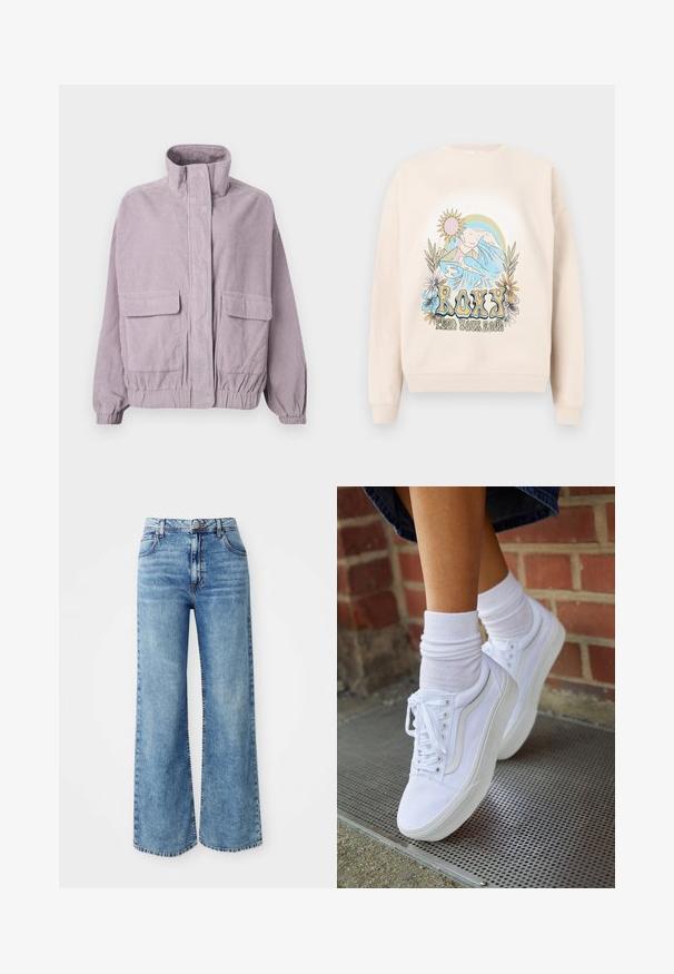 Veste en velours côtelé lilas avec un col haut, poches à rabat à l'avant, poignets élastiques et détail d'ourlet, présentée sur un fond blanc.; Sweatshirt beige avec un motif graphique coloré représentant des montagnes, des vagues, le soleil et des fleurs. Texte "ROXY" affiché de manière bien visible.; Jeans larges en denim bleu clair avec une taille haute, dotés de cinq poches, d'une fermeture par bouton supérieur et de surpiqûres contrastées le long des coutures.; Baskets en toile blanches avec semelles en caoutchouc, dotées de six œillets, d'un bout rond et de détails de couture légers, portées avec des chaussettes blanches mi-mollet.