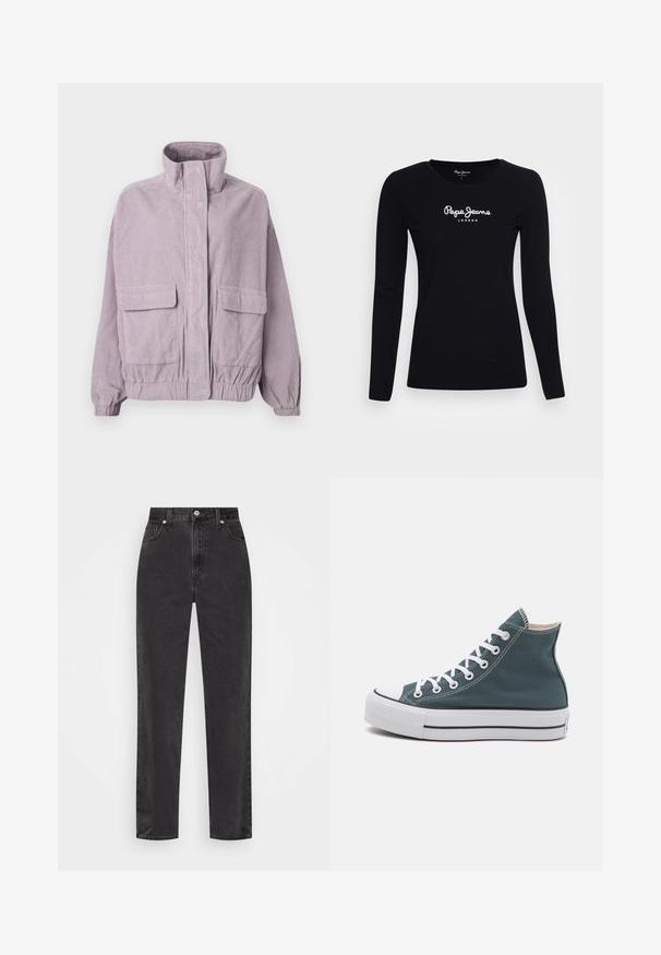 Lila corduroy jas met hoge kraag, voorzakken met klep, elastische manchetten en zoomdetail, weergegeven op een witte achtergrond.; Zwarte langwerpige T-shirt van katoen, met een ronde halslijn en een wit "Pepe Jeans LONDON" logo in het midden.; Zwarte denim jeans met rechte pijpen en hoge taille, met een knoop en rits aan de voorkant en vijf zakken, op een witte achtergrond.; Hoge canvas sneakers in donker teal met witte veters. Kenmerken zijn een rubberen teenkap, witte zool met zwarte accentstroken en gestikte details.