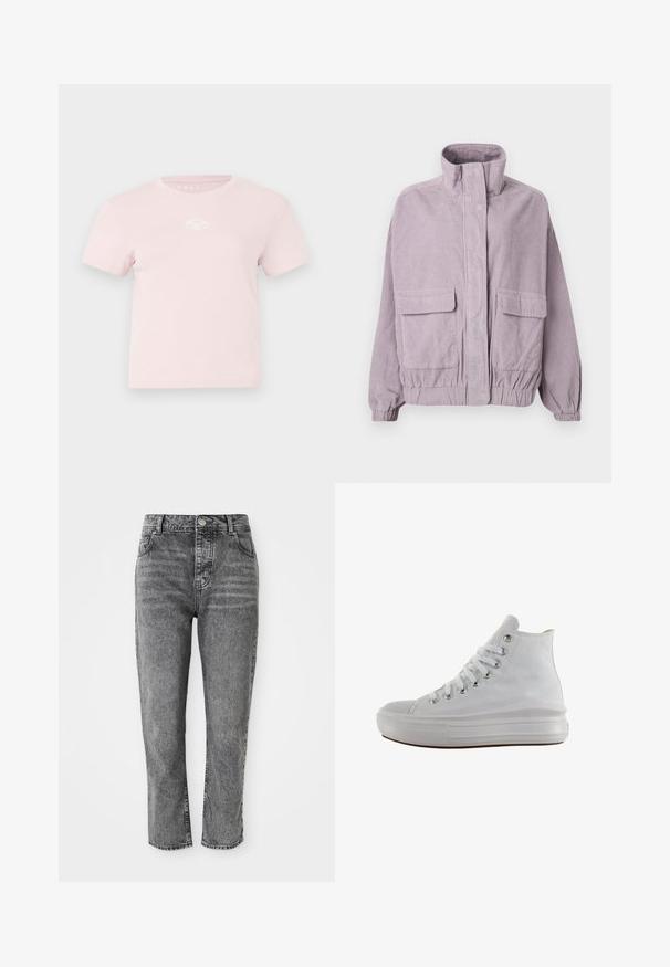 Λιλά καπιτονέ jacket με ψηλό γιακά, μπροστινές θήκες με καπάκι, ελαστικές μανσέτες και λεπτομέρεια στο στρίφωμα, εκτεθειμένο σε λευκό φόντο.; Ροζ βαμβακερό μπλουζάκι με κοντά μανίκια, στρογγυλή λαιμόκοψη και μικρή λευκή λογότυπη λεπτομέρεια στο στήθος. Λείο ύφασμα και χαλαρός σχεδιασμός.; Γκρίζα τζιν παντελόνια με ψηλή μέση, ίσια γραμμή, διαθέτοντας μπροστινές τσέπες και μία μικρή μεταλλική λεπτομέρεια στο λάστιχο της μέσης.; Άσπρο αυθεντικό ψηλό πάνινο παπούτσι με λευκά κορδόνια, μεταλλικές οπές, παχιά λαστιχένια σόλα και υφασμένη προστασία στα δάχτυλα, στραμμένο προς τα αριστερά σε λευκό φόντο.