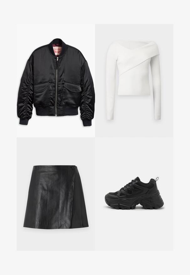 Schwarze Bomberjacke aus glattem Satin mit kurzem Schnitt, ausgestattet mit gerippten Bündchen und Saum, zwei Fronttaschen und einem Reißverschluss.; Weißes, geripptes Langarmshirt mit schulterfreiem Design und diagonalem Wickelverschluss über der Brust, der eine strukturierte Silhouette erzeugt.; Schwarzer Kunstleder-Minirock mit Wickel-Frontdetail, das an der rechten Seite mit einem Knopf gesichert ist, glatte Textur und leichter Glanz.; Schwarze Sportschuhe mit einem strukturierten Mesh-Obermaterial, einer gewölbten Gummisohle und einem auffälligen Profilmuster. Mit integriertem Schnürsystem und Zuglasche.