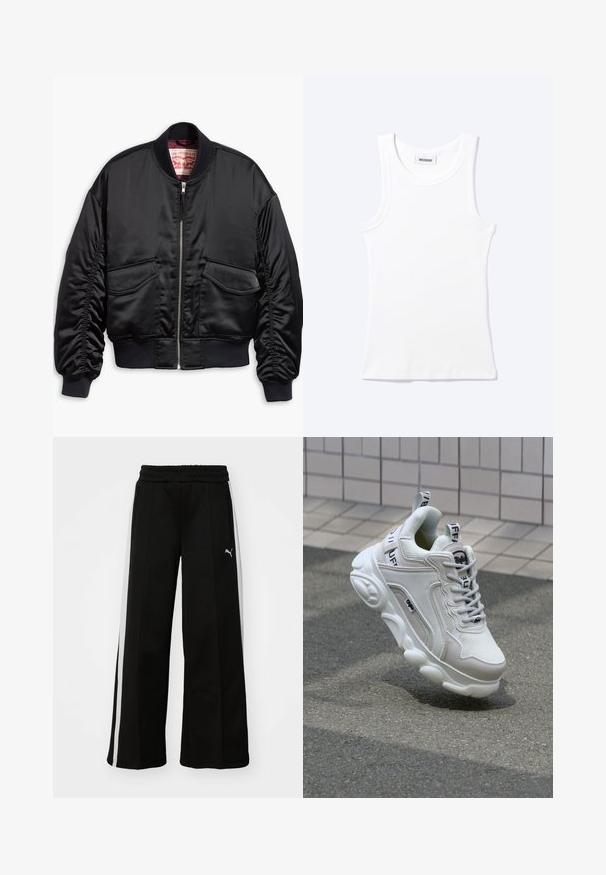 Sort bomberjakke lavet af glat satin med et cropped design, med ribstrikkede manchetter og kant, to forlommer og lynlåslukning.; Hvid ærmeløs ribstrikket top med rund halsudskæring og en lille label med teksten "WEEKDAY" indeni kraven.; Sorte bukser med vide ben, elastisk talje, lodrette hvide striber, sidelivlommer og et lille logo på låret.; Hvide sneakers med mesh- og lædermaterialer, rund tå, tyk sål, fremtrædende snørebånd og branding på hælen og tungen.