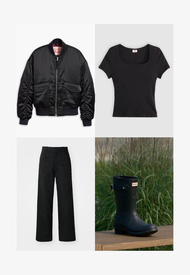 Veste bomber noire en satin lisse au design raccourci, avec poignets et ourlet côtelés, deux poches avant et une fermeture à glissière.; Haut noir à manches courtes en tissu côtelé, avec un décolleté carré large et une coupe ajustée, orné d'une petite étiquette logo rouge au bas.; Pantalons larges noirs avec un devant plat, une fermeture à bouton et des passants de ceinture. Fabriqués en tissu durable avec une texture lisse.; Botte de pluie en caoutchouc noir avec une finition brillante, dotée d'une boucle argentée et d'un écusson de logo. La semelle est texturée pour une meilleure adhérence.