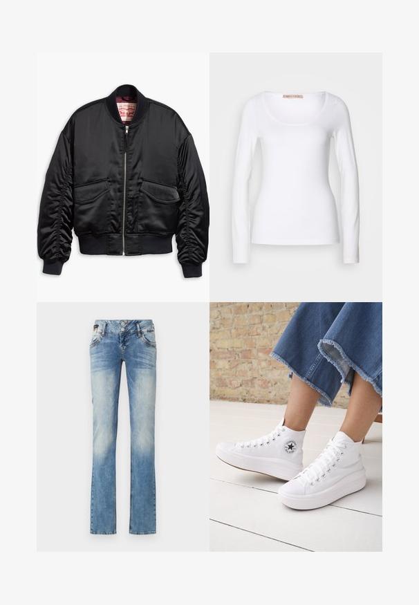 Schwarze Bomberjacke aus glattem Satin mit kurzem Schnitt, ausgestattet mit gerippten Bündchen und Saum, zwei Fronttaschen und einem Reißverschluss.; Langärmliges, weißes Baumwoll-T-Shirt mit einem U-Ausschnitt und einer figurbetonten Passform, glatter Textur und ohne Verzierung.; Helleblaue Denim-Jeans mit geradem Bein, ausgestattet mit einem Fünf-Knopf-Verschluss, Fronttaschen und dezenten Ausbleichungen.; Person trägt weiße knöchelhohe Converse-Sneaker mit dicken Sohlen und abgeschnittene, ausgefranste blaue Jeans vor einer Backsteinmauer und weißem Boden.