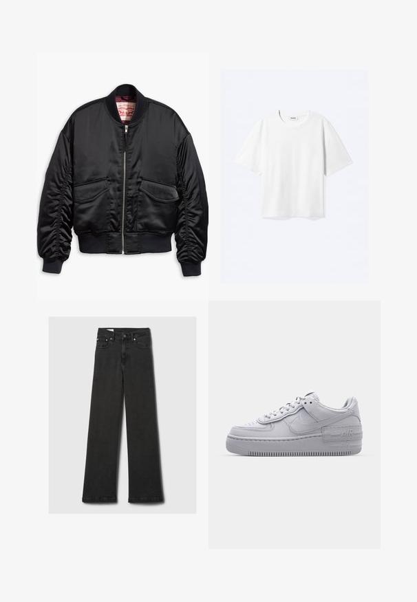 Zwarte bomberjack van glad satijn met een cropped ontwerp, voorzien van geribbelde manchetten en zoom, twee steekzakken aan de voorkant en een ritsluiting.; Witte T-shirt met korte mouwen en een ronde hals met rechte zoom, met een "WEEKDAY" merklabel aan de binnenkant van de hals.; Zwarte high-waisted straight-leg jeans met vijf zakken en koperen klinknagels, plat gelegd op een lichtgrijze achtergrond.; Grijze Nike Air Force 1 sneaker met geperforeerde neus, glad leren bovenwerk, dikke zool en verhoogde 'AIR' details op de hiel.